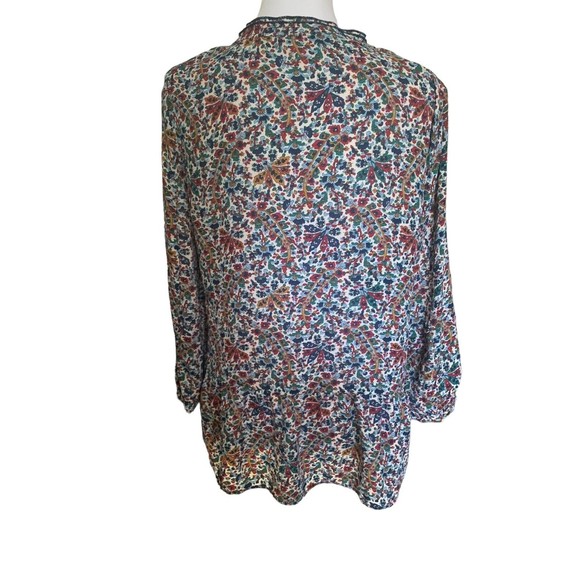 Zara Basic Boho Floral Navy Blue Red Gold Green Popover Blouse Top Shirt Size M - Picture 5 of 14